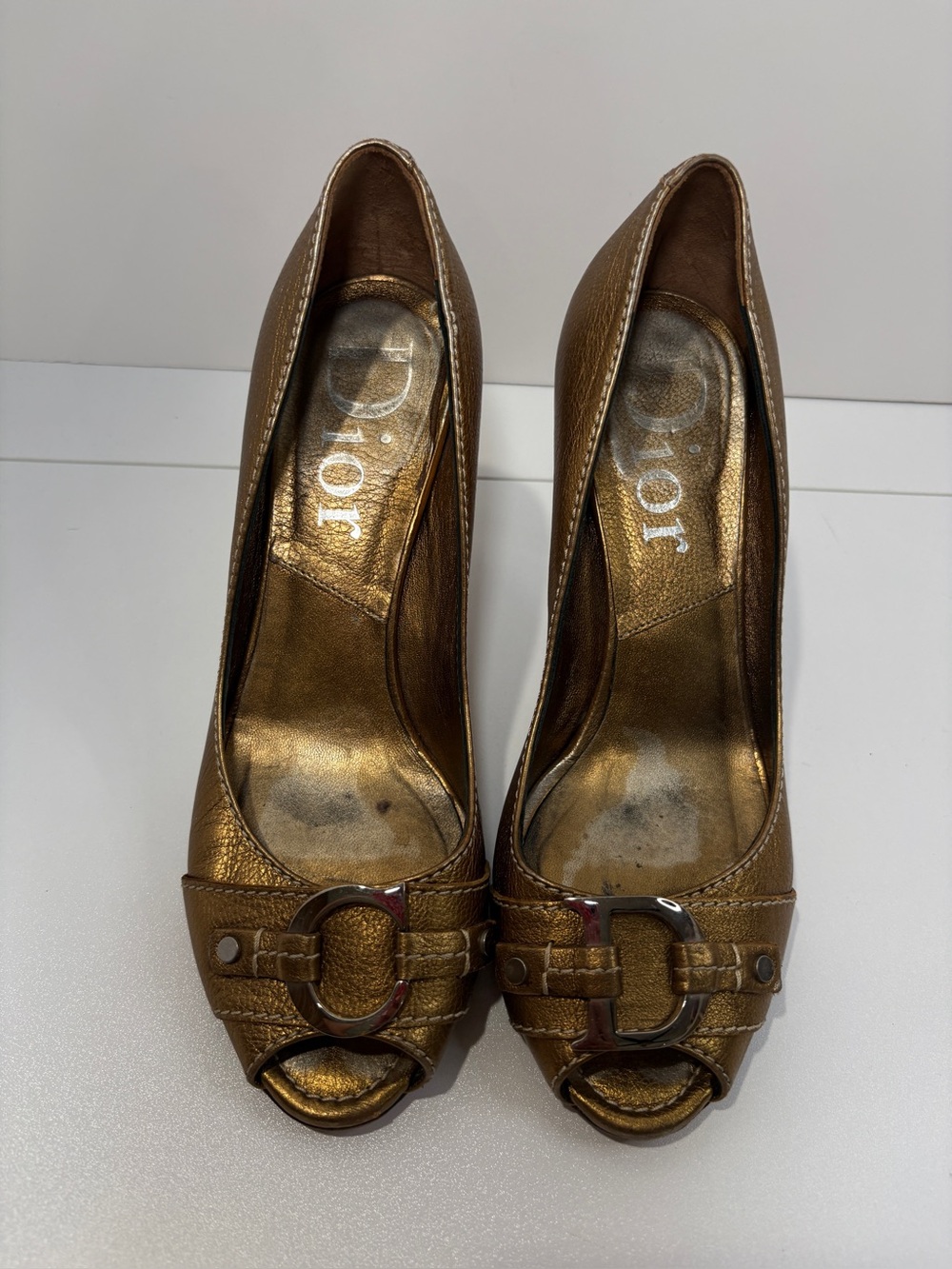 Dior Bronze Metallic Peep-Toe Heels with Buckle Detail